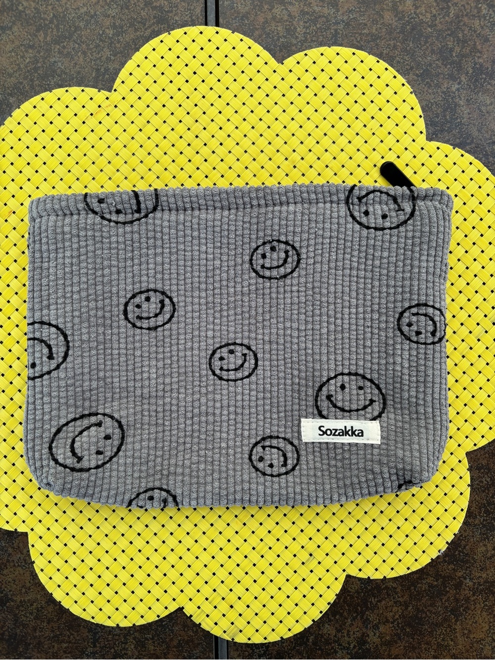 Sozakka gray corduroy smiley face cosmetic bag